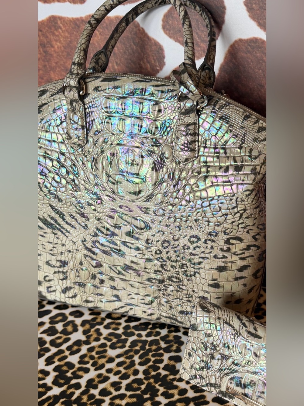 NWT BRAHMIN LARGE DUXBURY OBSESSION Animal Print With Wallet Leopard Cheetah - Picture 10 of 16